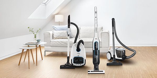 Lineup of three very quiet Bosch ProSilence vacuums, bagged, cordless and bagless