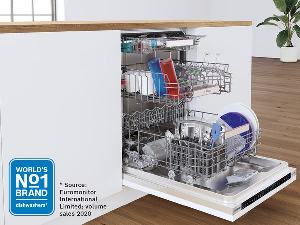 Bosch built in dishwasher with open door and Europe's No1 logo in corner