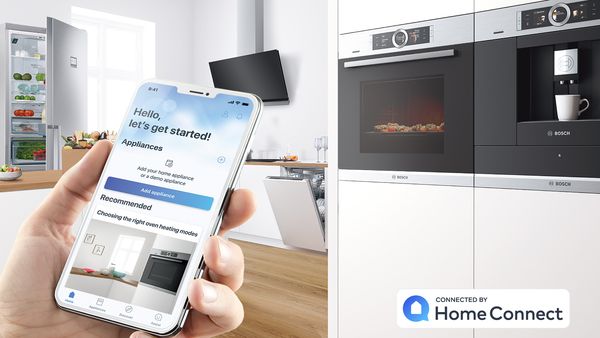 Smartfon z otwartą aplikacją Home Connect w nowoczesnej kuchni z różnymi urządzeniami gospodarstwa domowego marki Bosch.