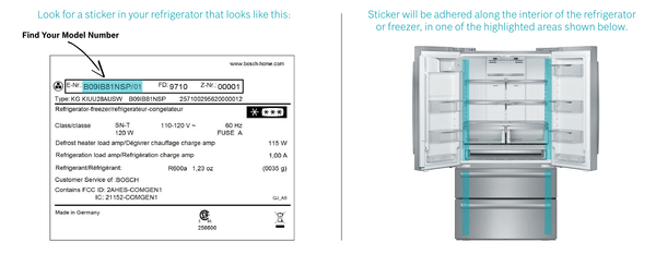 Bosch Model sticker and refrigeration model with highlighted areas 