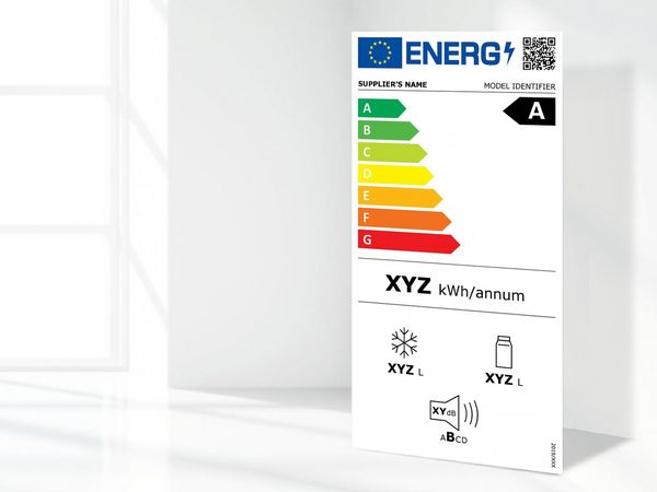 New energy label for appliances showing the efficiency rating B. 