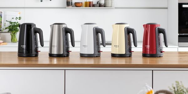 ComfortLine kettle range in different colours: black, stainless steel, white, cream and red