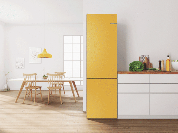 Colourful freestanding Vario Style fridge freezer. Colour changes to show the wide selection. 