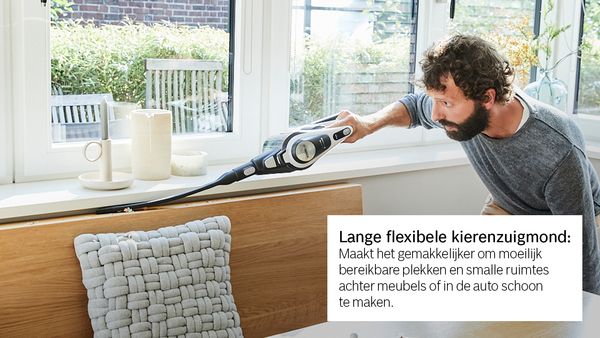  Lange flexibele spleetzuigmond: vereenvoudigt het reinigen van moeilijk bereikbare plekken en nauwe ruimtes. Speciaal voor het schoonmaken achter meubels, lades of je auto.