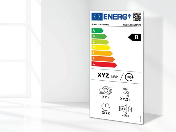 The rescaled EU energy label for appliances showing the efficiency rating B. 