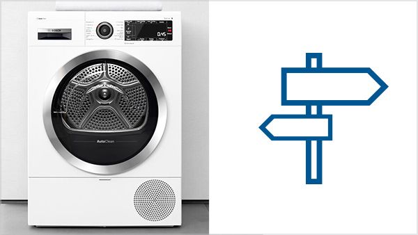 Máquina de secar roupa Bosch ao lado de um ícone de sinalização representando o Guia de secadores de roupa.