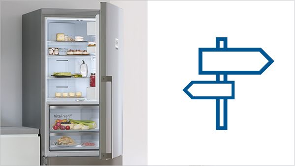 Blåt skilteikon og et fritstående Bosch køleskab, der symboliserer søgning efter køleskab.