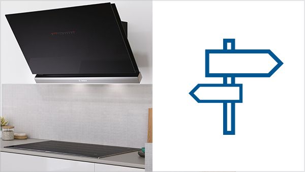 Angled wall hood from Bosch next to a signpost symbolising the Hood Finder.