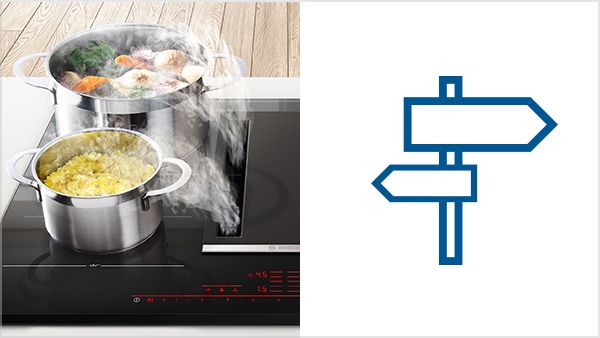 Skilteikon og Bosch kogeplade med integreret emhætte, der symboliserer søgning efter kogesektion.