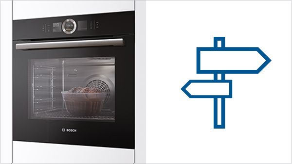 Built-in Bosch wall oven with cake baking inside next to signpost for the Oven Finder.
