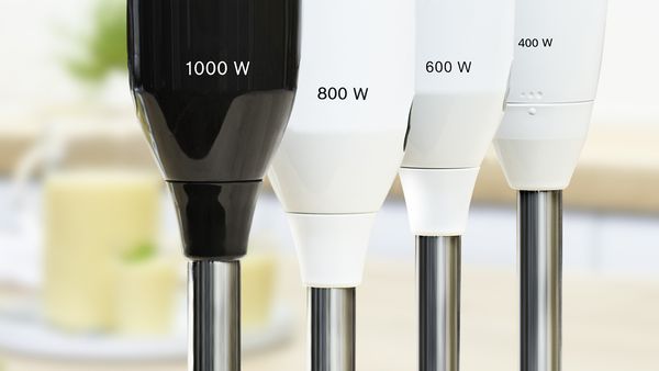A closeup of different Bosch hand blenders of varying watts.