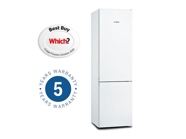 Fridge freezer with Which and 5 Year Warranty icons next to it
