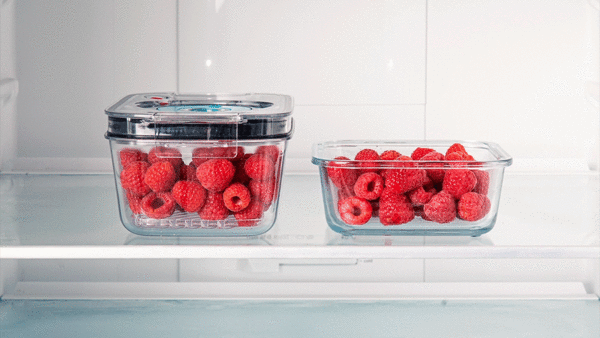 Two containers of fresh raspberries in a fridge, one vacuum sealed, one without a lid.
