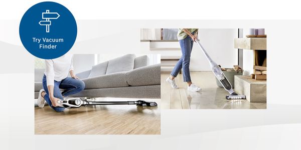 Two different Bosch cordless vacuums cleaning different spaces. Eye-catcher for the Vacuum Finder.