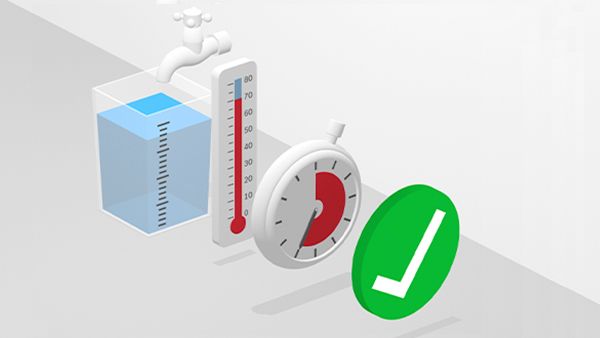 Icons for time, water consumption and temperature illustrate the practical and efficient auto programme.