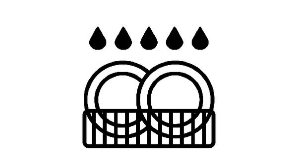 Un altro simbolo che indica lavabile in lavastoviglie: due piatti in un cestello per lavastoviglie con una fila di goccioline sopra.