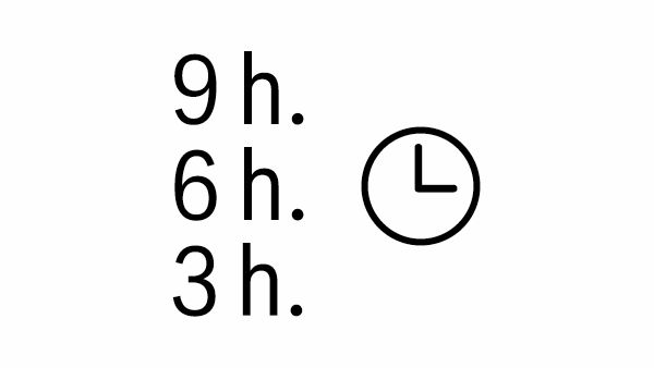 Simbolo del timer della lavastoviglie: simbolo di un orologio con l'opzione di fine ciclo dopo tre, sei o nove ore.