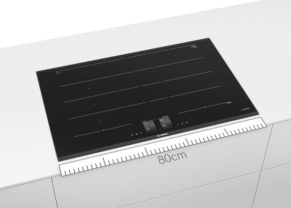 A Bosch 80cm electric hob in black with a blue ruler below as a size indicator.