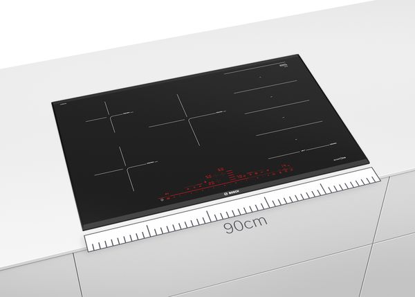 A Bosch 90cm electric hob in black with a blue ruler below as a size indicator.
