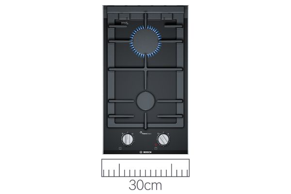A Bosch 30cm black gas hob with a ruler below illustrating the size.