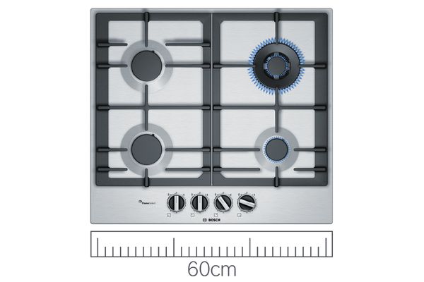 A Bosch 60cm stainless steel gas hob with a ruler below illustrating the size.