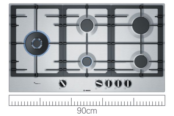 A Bosch 90cm stainless steel gas hob with a ruler below illustrating the size.