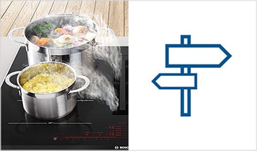 Bosch søgning efter kogesektion - der viser to varme gryder på en induktionskogesektion med integreret ventilation.