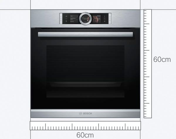 A 60cm Bosch oven with a blue measuring tape to show the size.