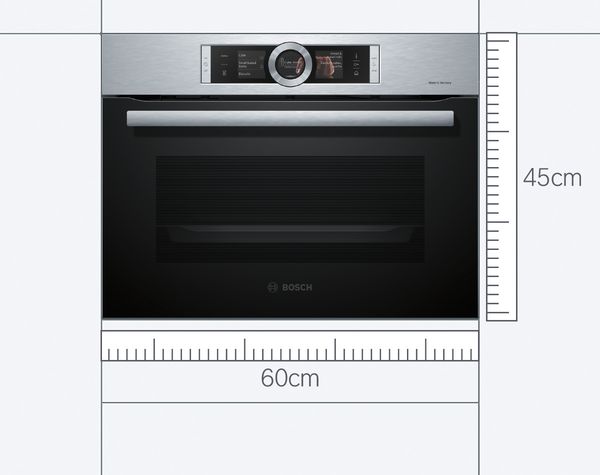 A Bosch 45cm high oven with a blue measuring tape below illustrating the size.