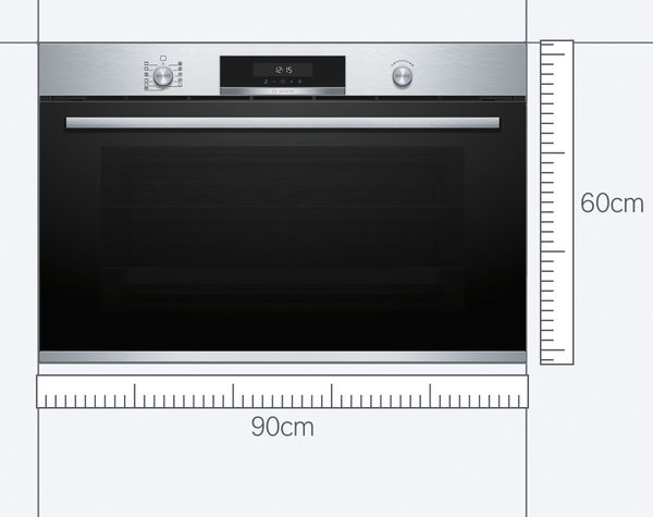 A Bosch XXL oven with a blue measuring tape below.
