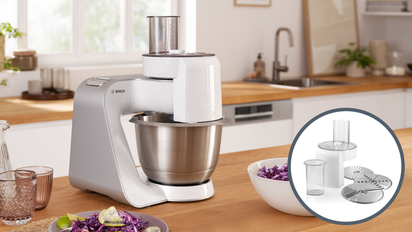 Bosch stand mixer with 4 illustrations of attachments.