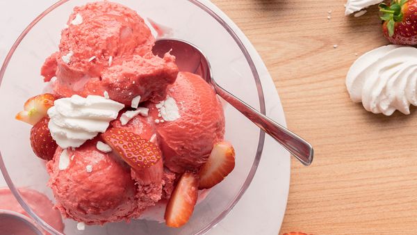 A bowl of homemade strawberry ice cream.