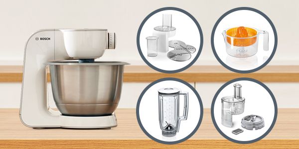 Gezeigt werden vier verschiedene Zubehöre für die Bosch Küchenmaschine.