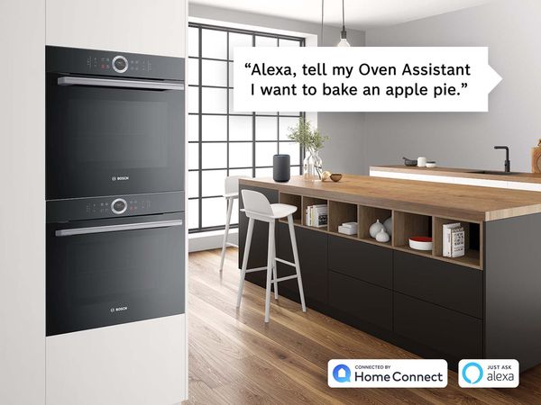 Person asking Amazon Alexa to tell their oven assistant to bake an apple pie.