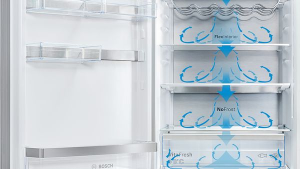 Visualisering af Multi Airflow-systemet, der cirkulerer frisk og kold luft i et Bosch køleskab.