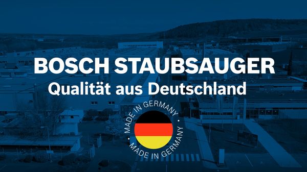 Das blau eingefärbte Titelbild eines Videos über die Qualität von Bosch Staubsaugern Made-in-Germany mit Made-in-Germany Logo und Schrift.