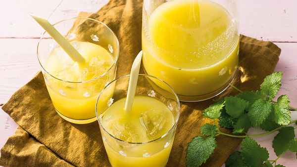Two glasses filled with yellow juice arranged together with a bunch of lemon balm.
