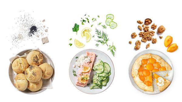 Cookit recipes for everyone: Crispy Sunday rolls, Salmon cooked sous-vide with cucumber salad, Apricot tart with walnut-mascarpone creme.