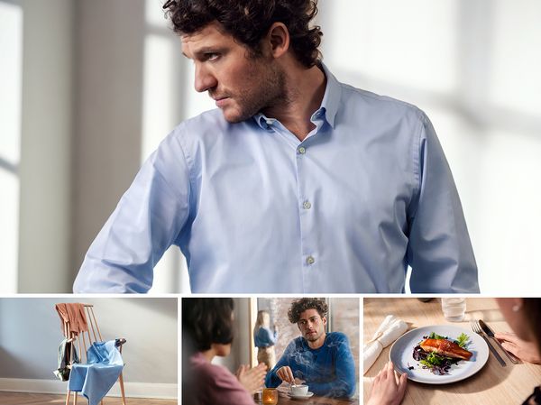 Μια σειρά εικόνων με έναν άνδρα που φοράει πουκάμισο, ρούχα πάνω σε μια καρέκλα, δύο άτομα σε μια καφετέρια και ένα πιάτο με φαγητό.