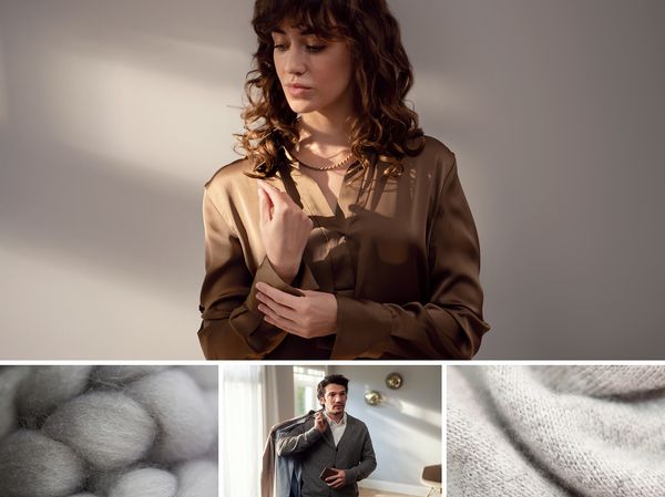 Un collage d'images avec une femme portant une blouse de soie, texture laine, un homme avec des vêtements sur l'épaule, texture cachemire.