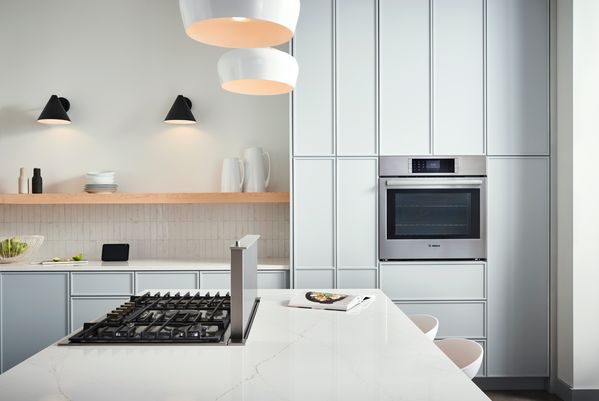 Double oven + stove hood!  Kitchen layout inspiration, Wall oven kitchen,  Double oven kitchen