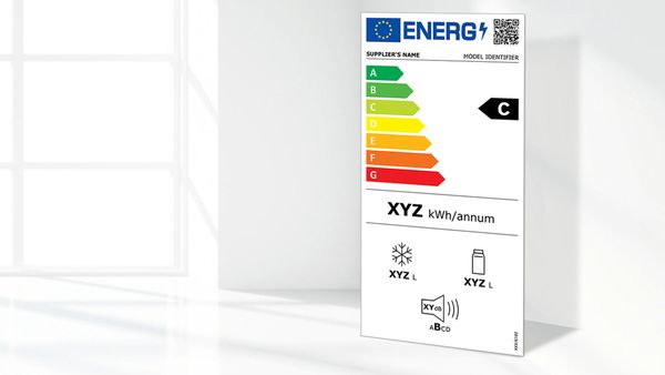 New energy label for fridges showing the efficiency rating C. 