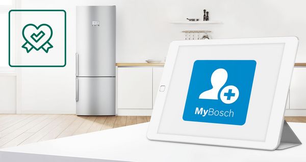 Tablet showing MyBosch icon is in foreground of a bright kitchen with Bosch home appliances. Green warranty icon on the left represents extended warranty options.