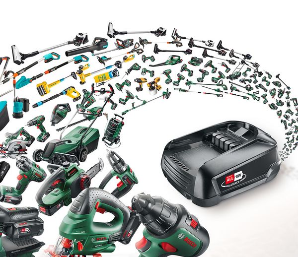 Der Bosch Power For All Akku mit einer Auswahl aller Bosch Geräte in denen er einsetzbar ist.