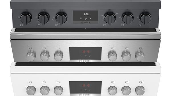 Control panel in black, stainless steel and white.
