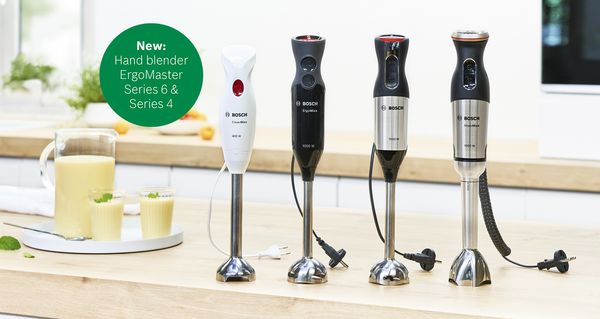 A lineup of the four Bosch hand blenders, from CleverMixx to MaxoMixx.