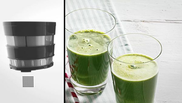 An image showing the inner part of Bosch slow juicer VitaExtract and two glasses with fresh juice next to it.