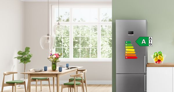 Une photo montre un combiné Bottom-Freezer No Frost avec classe d'efficacité énergétique A et classe d'émissions de bruit acoustique A. Ces dernières sont représentées par des éléments collés, tels que des aimants énergie de couleur ou des pommes à côté du réfrigérateur.