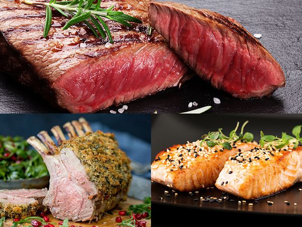 Collage con tre piatti a base di carne e pesce