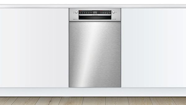 Bosch stainless steel countertop dishwasher on a kitchen worktop with the door slightly open.